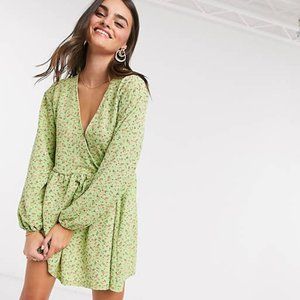 NWT Smock Oversized Mini Wrap Dress in Green Floral